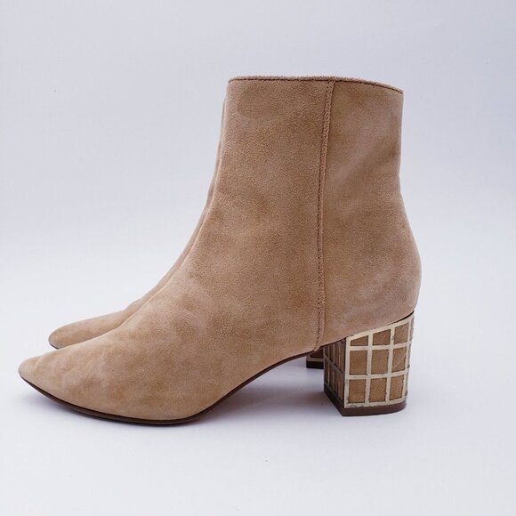 Brian Atwood Kallie Ankle Boot Tan Suede Decorative Heel Womens Size 6 Side Zip - Picture 5 of 14